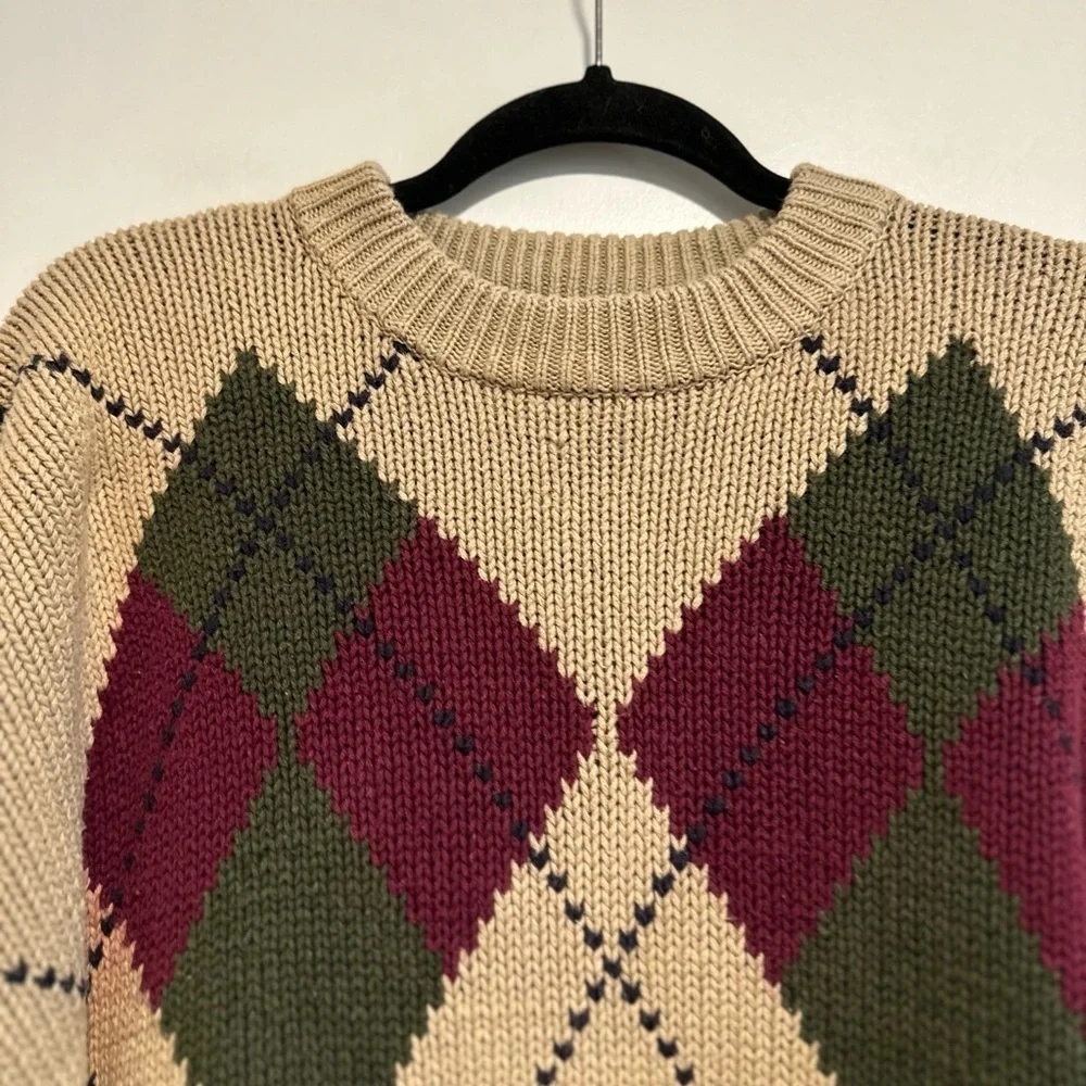 VTG 90s Harbour Classics Men’s Sz: L Tan Oversized Argyle Long Sleeve Sweater.